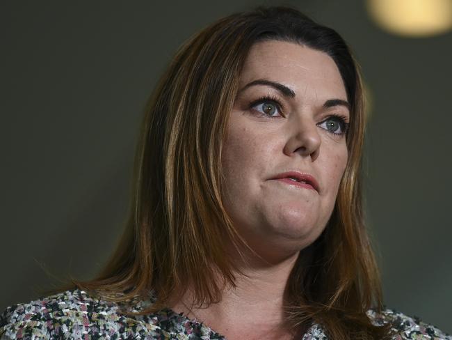 CANBERRA, AUSTRALIA - MAY 23: Senator Sarah Hanson-Young holds a press conference at Parliament House in Canberra  . Picture: NCA NewsWire / Martin Ollman