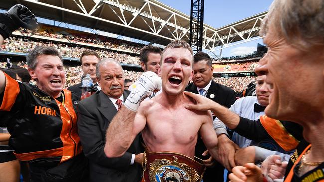 Jeff Horn celebrates his victory yesterday over Manny Pacquiao. Picture: Getty Images