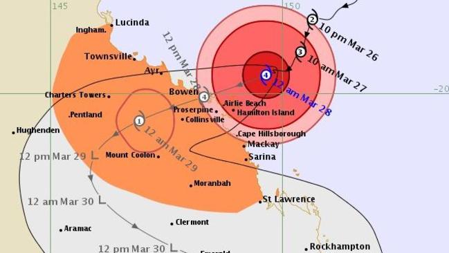 Track of Cyclone Debbie as of 12am Tuesday. Picture: BOM