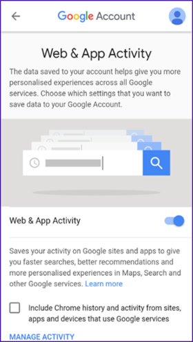 Statement shown to consumers who used their Android mobile device to access the Web &amp; App Activity setting between early 2017 and late 2018. Picture: ACCC