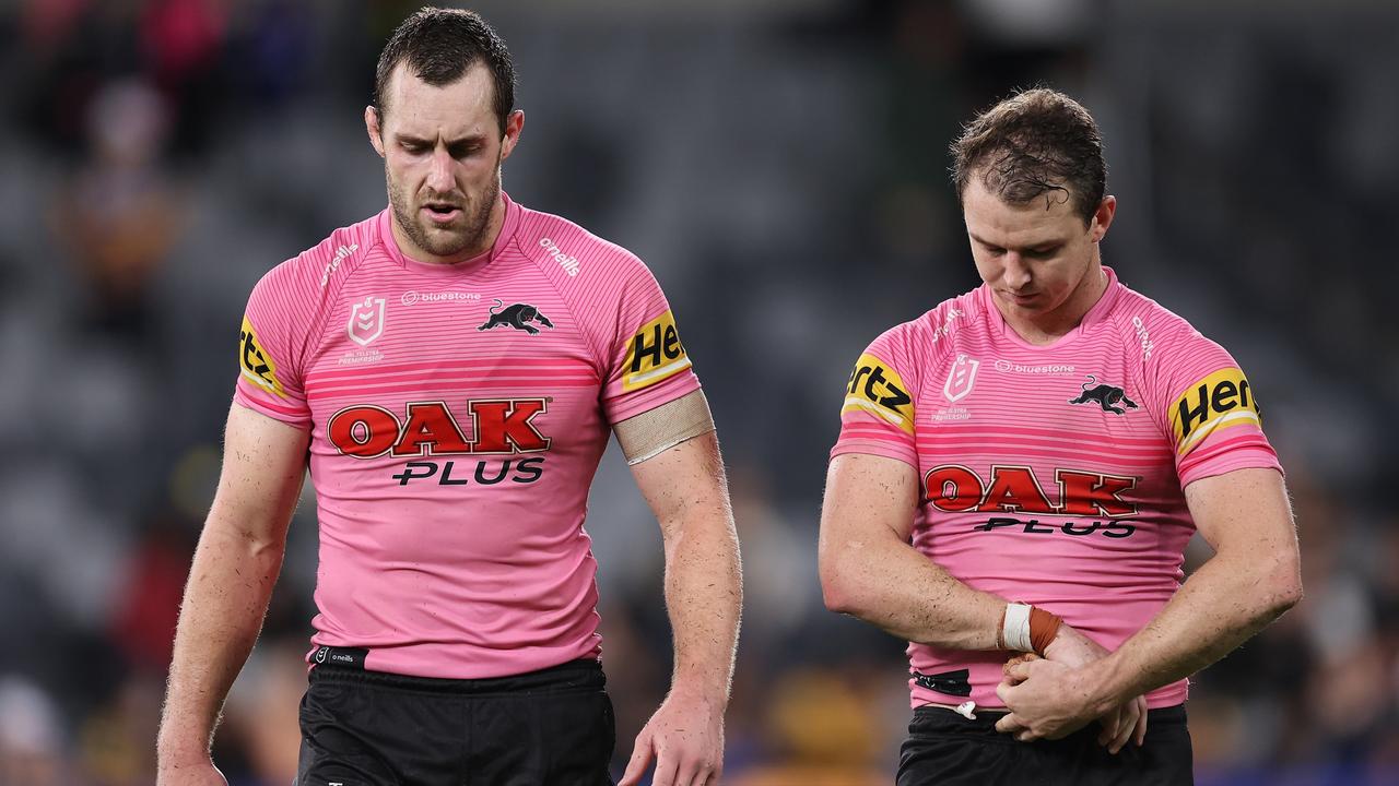 SYDNEY, AUSTRALIA - MARCH 23: Isaah Yeo of the Panthers and Dylan Edwards of the Panthers reacts after losing the round four NRL match between the Parramatta Eels and Penrith Panthers at CommBank Stadium on March 23, 2023 in Sydney, Australia. (Photo by Cameron Spencer/Getty Images)