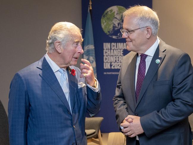 GLASGOW, SCOTLAND - NOVEMBER 02: Prince Charles, Prince of Wales greets the Prime Minister of Australia Scott Morrison (R) ahead of their bilateral meeting on day three of COP26 at SECC on November 2, 2021 in Glasgow, United Kingdom. COP26 is the 2021 climate summit in Glasgow.  It is the  26th "Conference of the Parties" and represents a gathering of all the countries signed on to the U.N. Framework Convention on Climate Change and the Paris Climate Agreement. The aim of this year's conference is to commit countries to net zero carbon emissions by 2050. (Photo by Jane Barlow - Pool / Getty Images)