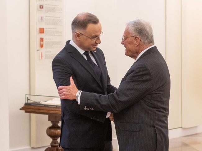 Poland's President Andrzej Duda shakes hands with US special envoy for Ukraine and Russia Keith Kellogg. Picture: AFP