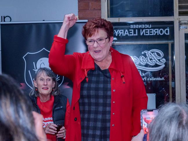 Labor candidate for Braddon Anne Urquhart celebrates her resounding win in the 2025 Federal election, with supporters at her Ulverstone post election gathering. Picture: Simon Sturzaker