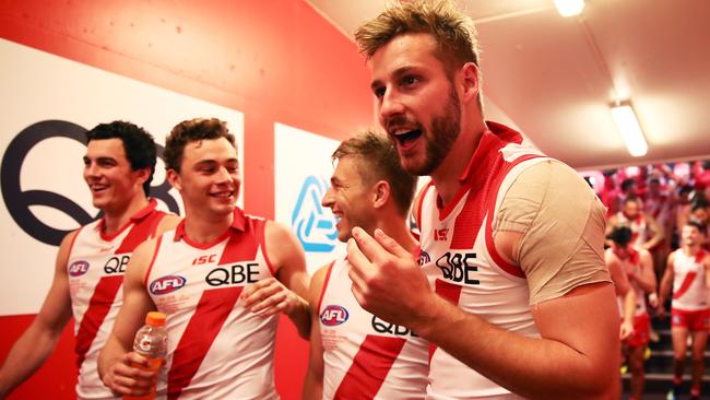 Tom McCartin, Will Hayward, Kieren Jack and Alex Johnson celebrate victory over Collingwood in round 20. Picture: Getty Images