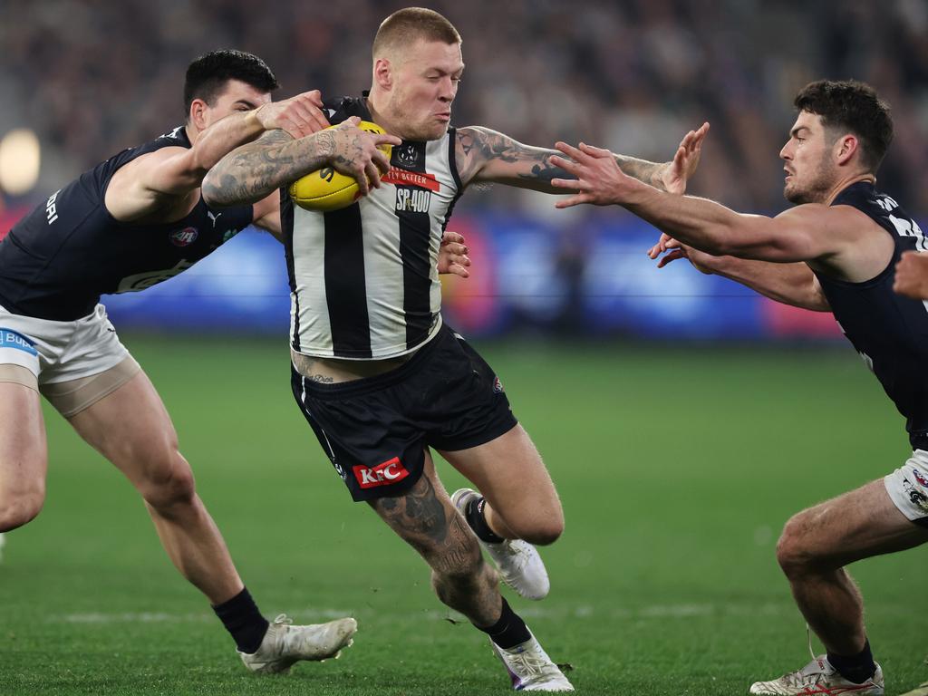 Jordan De Goey proved hard to stop before he was subbed out with injury. Picture: Daniel Pockett/Getty Images