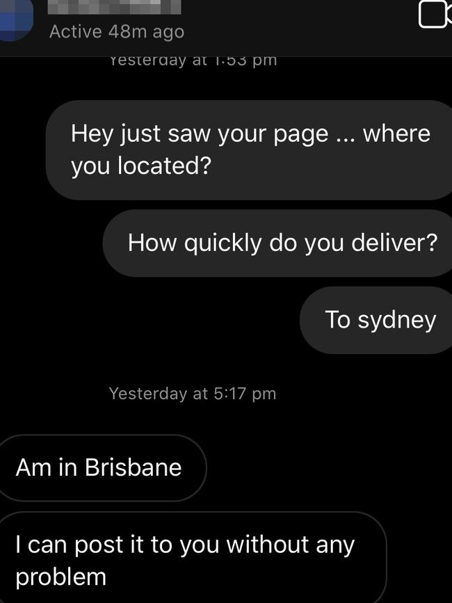 An online chat with an alleged Brisbane-based dealer. Picture: Supplied