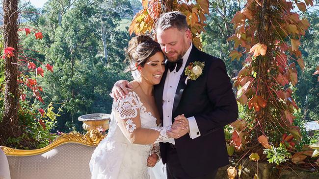 COPY PHOTO. Brianna Magdalani with husband Jonathan Covich on their wedding day.We did a story on Brianna Magdalani two years ago when she was a fit and healthy young pregnant woman preparing to get married. Out of the blue she suffered a massive stroke when 16 weeks pregnant. Ended up in RMH for 11 months recovering and doing rehab. Baby was born at 36 weeks, healthy. Brianna Magdalani with husband Jonathan Covich and daughter Mahali 2 at home.                                                              Picture: Supplied