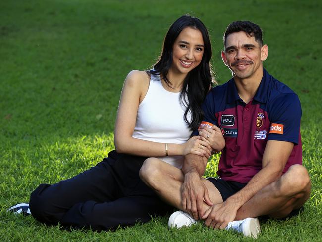 Brisbane Lions star Charlie Cameron relaxes with his fiancee Caitlin Seeto ahead of his 200th AFL appearance. Picture: Adam Head