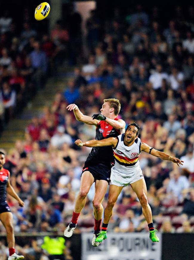 Oscar McDonald and Eddie Betts during the second quarter of the 2019 Melbourne Demons vs. Adelaide Crows AFL match at Darwin’s TIO Stadium. Picture: Michael Franchi