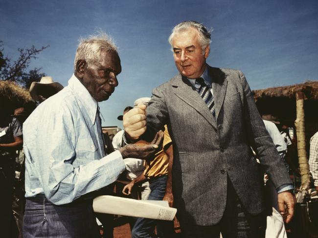 Mervyn Bishop Prime Minister Gough Whitlam pours soil into the hands of traditional land owner Vincent Lingiari, Northern Territory 1975 type R3 photograph Art Gallery of New South Wales, Hallmark Cards Australian Photography Collection Fund 1991   © Mervyn Bishop. Department of the Prime Minister and Cabinet  ***This image may only be used in conjunction with editorial coverage of The photograph and Australia exhibition, 21 March - 8 June 2015, at the Art Gallery of New South Wales. This image may not be cropped or overwritten. Prior approval in writing required for use as a cover. Caption details must accompany reproduction of the image. *** Media contact: Lisa.Catt@ag.nsw.gov.au  *** Local Caption *** ***This image may only be used in conjunction with editorial coverage of The photograph and Australia exhibition, 21 March - 8 June 2015, at the Art Gallery of New South Wales. This image may not be cropped or overwritten. Prior approval in writing required for use as a cover. Caption details must accompany reproduction of the image. *** Media contact: Lisa.Catt@ag.nsw.gov.au