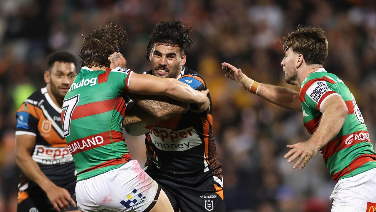 Terrell May ran for 199 metres, made six tackle breaks, had three offloads and completed 63 tackles without a single miss in the Tigers’ match against the Rabbitohs on Monday. (Photo by Cameron Spencer/Getty Images)