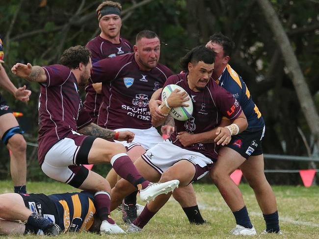 Gold Coast District Rugby Union clash between Griffith Uni Colleges Knights and Nerang Bulls. Knights Player No10 Rylee StewartBulls Player No14 Logan watenePic Mike Batterham