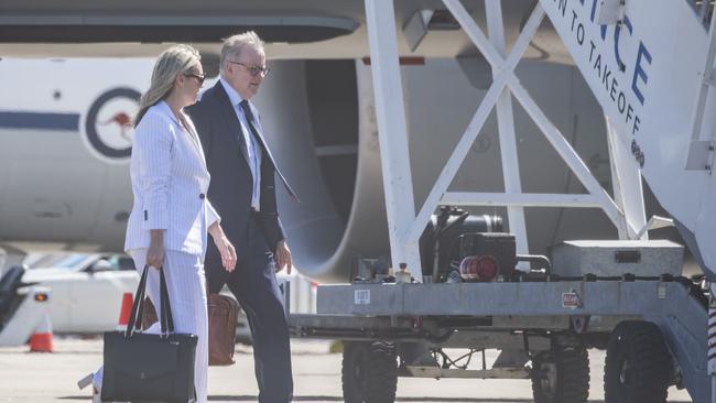 Anthony Albanese pictured leaving for Washington with his partner, Jodie Haydon. Picture: NCA NewsWire / Monique Harmer