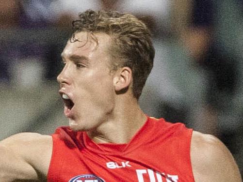Tom Lynch of the Gold Coast Suns celebrates a goal during the Round 2 AFL match between the Fremantle Dockers and the Gold Coast Suns at the Domain Stadium in Perth, Saturday, April 2, 2016. (AAP Image/Tony McDonough) NO ARCHIVING, EDITORIAL USE ONLY