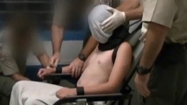 Start of it all ... Dylan Voller, strapped and hooded in youth detention in the NT.  Picture: ABC