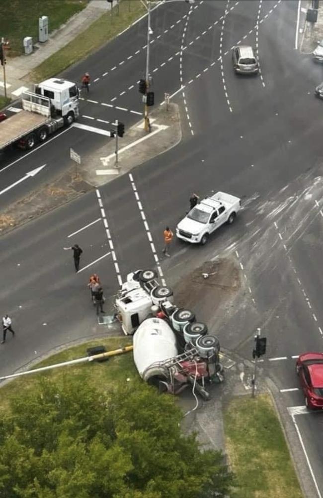 Witnesses say the truck narrowly missed flattening other vehicles when it rolled over. Picture: Facebook