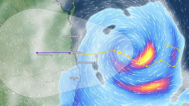 A Zoom Earth image of Tropical Cyclone Alfred as of 5.25pm on Wednesday.