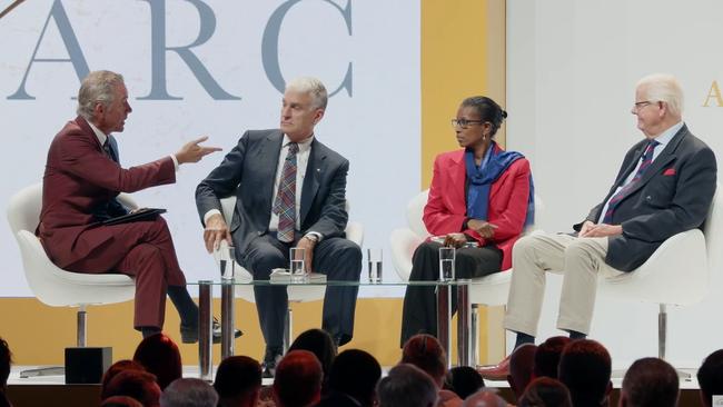 Jordan Peterson, left, John Anderson, Ayaan Hirsi Ali and Os Guinness on a panel at the Alliance for Responsible Citizenship conference in London.