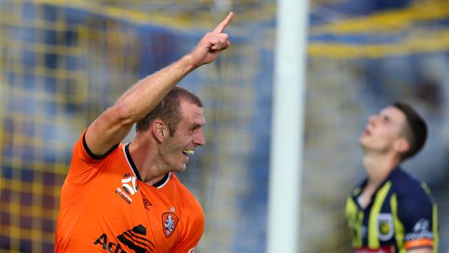 Luke DeVere celebrates his first A-League goal in more than two years during Brisbane Roar’s draw with Central Coast Mariners. Picture: Getty Images