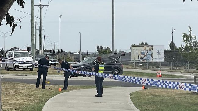 Police investigate an alleged hit run at Plumpton St, near the Melton Highway that put an officer in hospital Picture: Himangi Singh