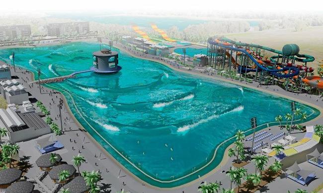 ON A ROLL: An artist's impression of the wave pool. Surf lakes utilises a mechanism located in the centre of the pool. This fires off a wave in a ring shape toward multiple waves located all around the pools edge, leading to the much higher wave count."