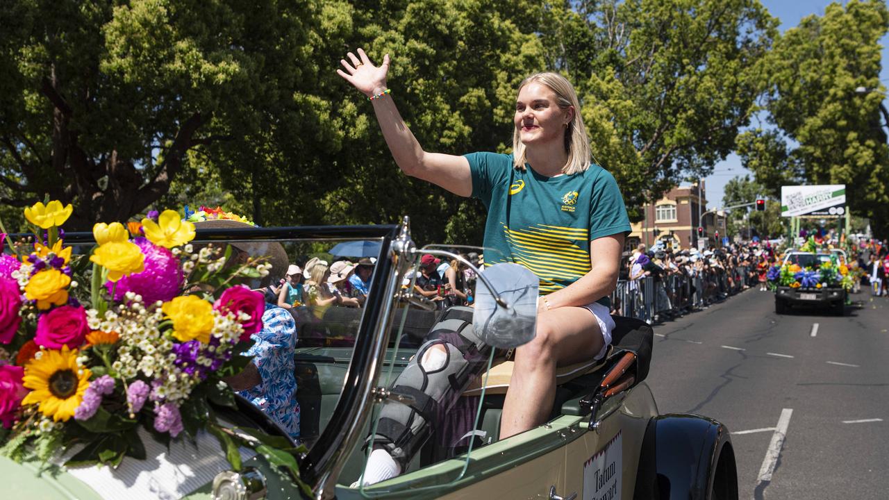 Olympian Tatum Stewart in the Grand Central Floral Parade of the Carnival of Flowers, Saturday, September 21, 2024. Picture: Kevin Farmer