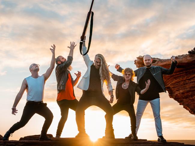 EMBARGO FOR TWAM 06 MAY 2023. FEE MAY APPLY. Australian band Voyager who are representing Australia in Eurovision, at Nature's Window, Kalbarri National Park, WA. Photo: Tourism Western Australia/Supplied