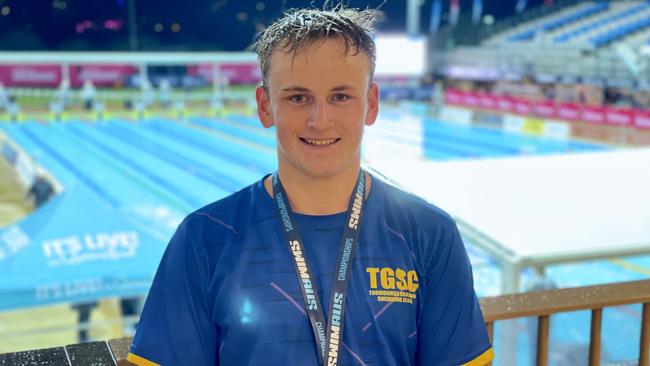 Lachlan McNamee proudly wearing his bronze medal he won at the 2023 Australian Swimming Age Championships Gold Coast titles. Picture: Contributed.