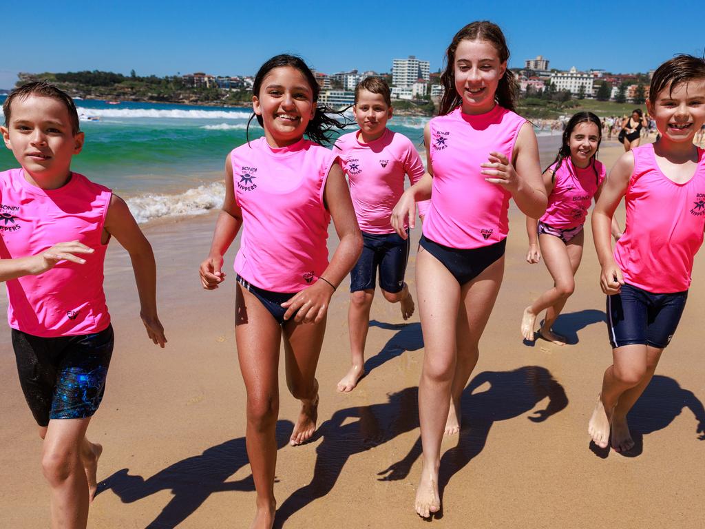 ** HOLD FOR HEALTH OF THE NATION JAN 2024**Bondi Nippers, Benji Donald, 8, Poppy Singh, 9, Harry Donald, 8, Milla Shemesh, 12, Abbie Shemesh, 9, and Owen Harvey, 9, at Bondi Beach, today.Picture: Justin Lloyd.