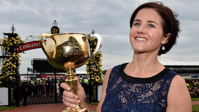 Melbourne Cup Day. Michelle Payne with the Melbourne Cup at the end of the day. Picture: Jay Town. Tuesday November 3, 2015. Melbourne, Australia. MelbourneCup15