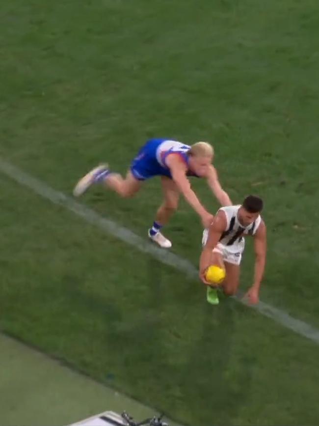 Nick Daicos was looking for the boundary line. Photo: Fox Footy.