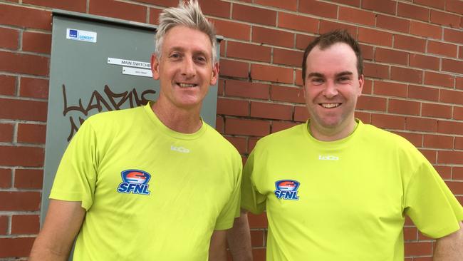 Seven-time AFL grand final goal umpire Luke Walker (right) is now a field umpire in the Southern league and controlled Saturday’s match at Dingley with the experienced Brett Chard.