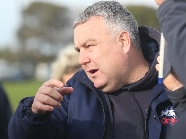 Queenscliff coach Heath Jamieson at quarter time. Queenscliff v Drysdale footbal. Picture: Alan Barber