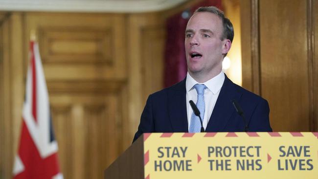 Britain's Foreign Secretary Dominic Raab speaks during a coronavirus briefing in Downing Street yesterday.