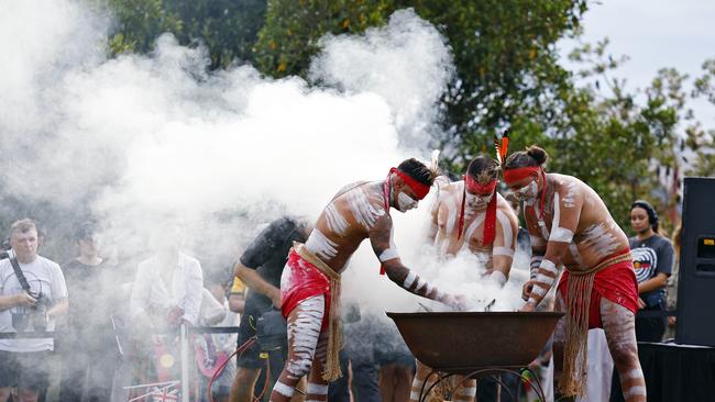 WEEKEND TELEGRAPH - 26.1.24UNTIL MUST NOT PUBLISH  BEFORE CLEARING WITH PIC EDITOR  - Welcome to country ceremony at Barangaroo in Sydney on the morning of Australia Day. Performers from the Muggera group pictured. Picture: Sam Ruttyn