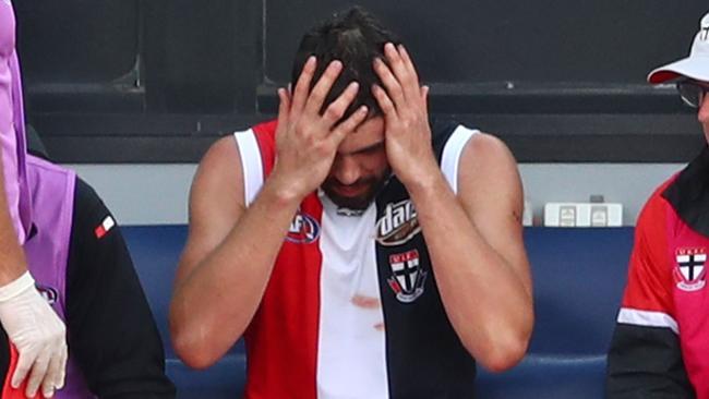 Paddy McCartin struggled badly in the aftermath of his eighth and last concussion in a 2019 pre-season match for St Kilda. Picture: Getty Images