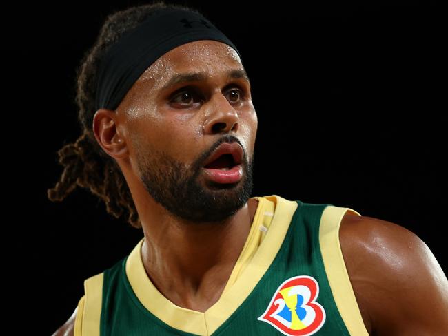 MELBOURNE, AUSTRALIA - AUGUST 14: Patty Mills of the Boomers looks on during the match between Australia Boomers and Venezuela at Rod Laver Arena on August 14, 2023 in Melbourne, Australia. (Photo by Graham Denholm/Getty Images)