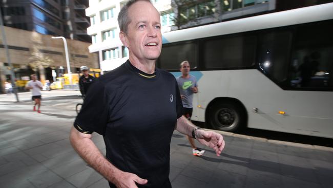 Bill Shorten goes for a run at lunchtime in Sydney’s CBD. Picture Kym Smith