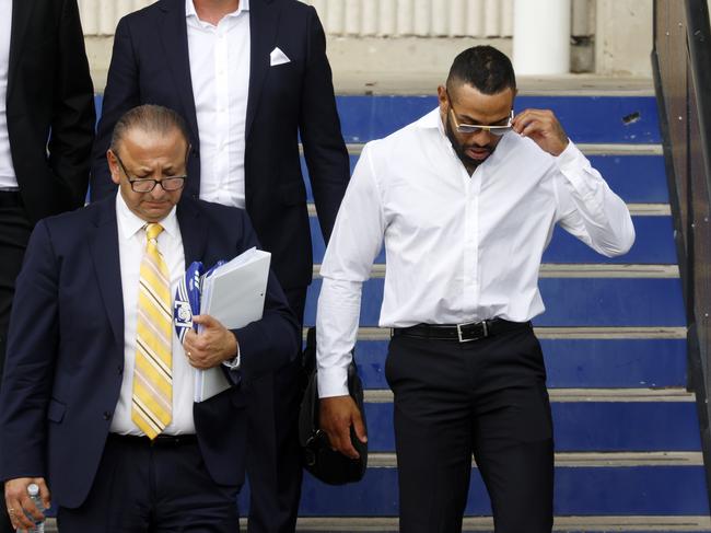 DAILY TELEGRAPH OCTOBER 31, 2024. Canterbury winger Josh Addo-Carr leaving Belmore Sports Ground with his lawyer Elias Tabchouri after a meeting with the Bulldogs board over his drug driving scandal. Picture: Jonathan Ng