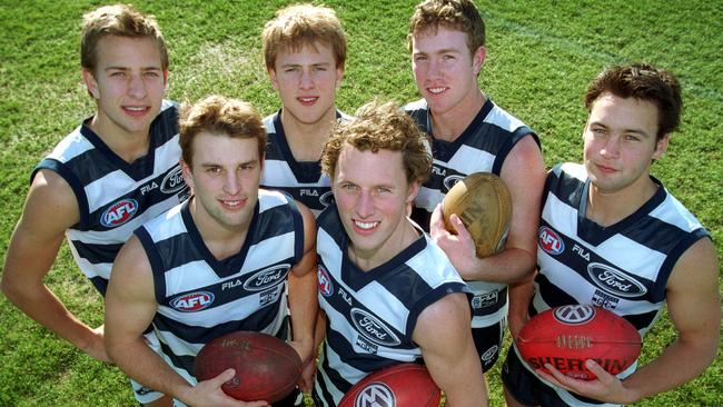 Geelong’s 2001 draft picks Charlie Gardiner, David Johnson, Gary Ablett Jr, James Kelly, Steve Johnson and Jimmy Bartel.