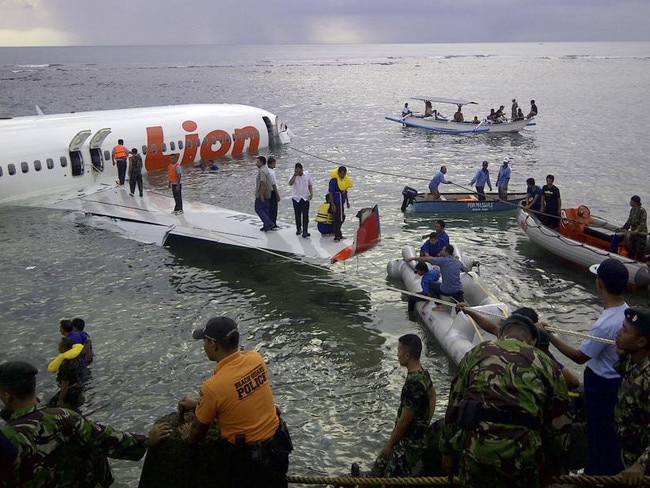 In 2013, a Lion Air lane carrying more than 100 passengers and crew overshot a runway on  the island of Bali and crashed into the sea, injuring nearly two dozen people. Picture: AP