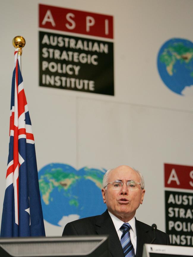 John Howard addresses The Australian Strategic Policy Institute in Canberra, in 2007. ASPI was set up by Howard to give independent analysis on national security. Picture: News Corp