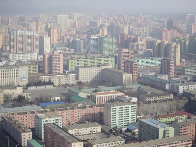 Buildings are seen in the morning light from the top of the Juche Tower in Pyongyang, North Korea. Picture: AP