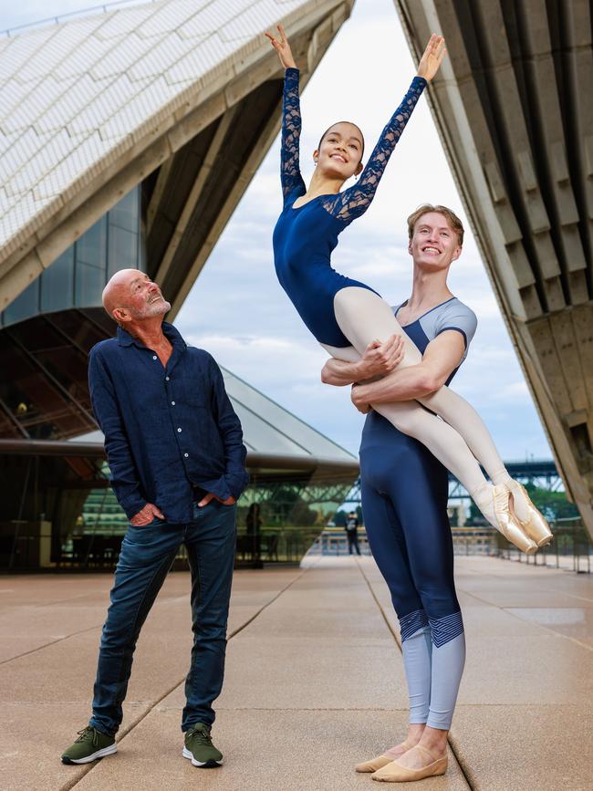 Graeme Murphy with dancers Madeline Flood and Levi Miller, at the Sydney Opera Hous. Picture: Justin Lloyd.