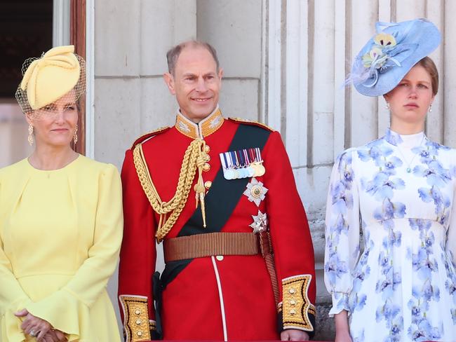 Prince Edward, Duke of Edinburgh, Sophie, Duchess of Edinburgh and Lady Louise Windsor at Buckingham Palace. Picture: Getty images