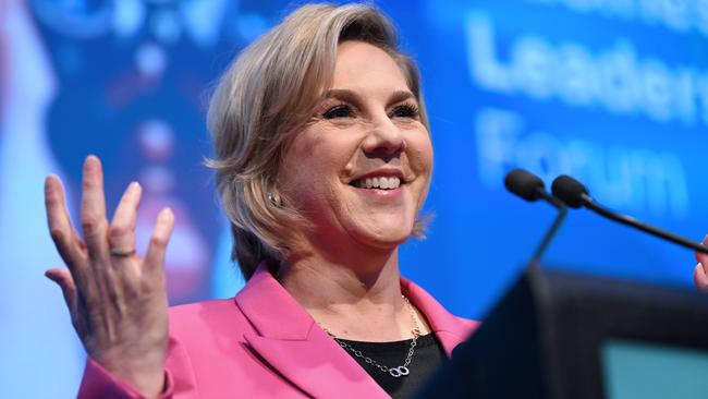 Tesla chair Robyn Denholm addresses the QUT Business Leaders Forum in Brisbane on Wednesday. Picture: Lyndon Mechielsen