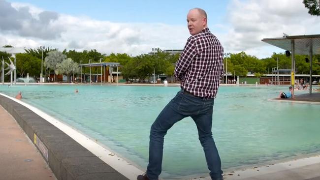 Pubic enemy number one, comedian Tom Gleeson, takes a slash in the Cairns Esplanade Lagoon. Picture: Supplied