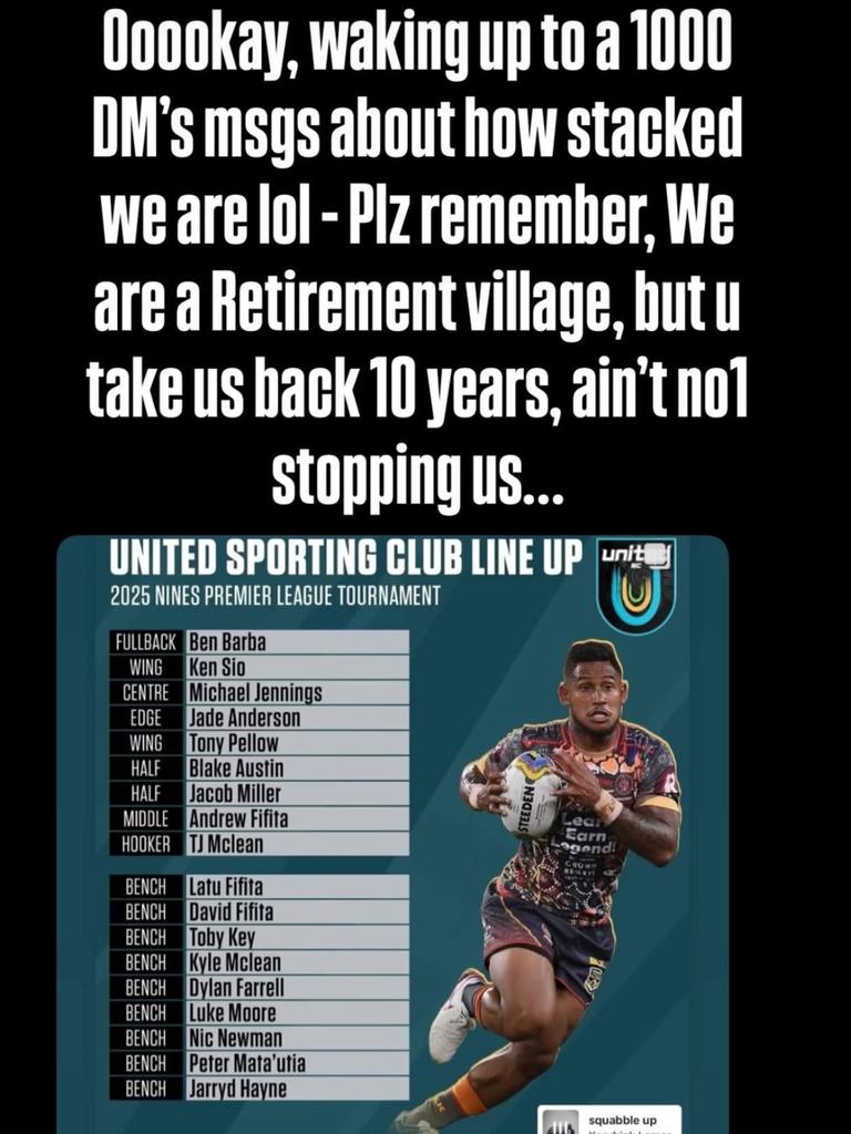 Andrew Fifita's Instagram story, revealing the line-up of his Nines team.