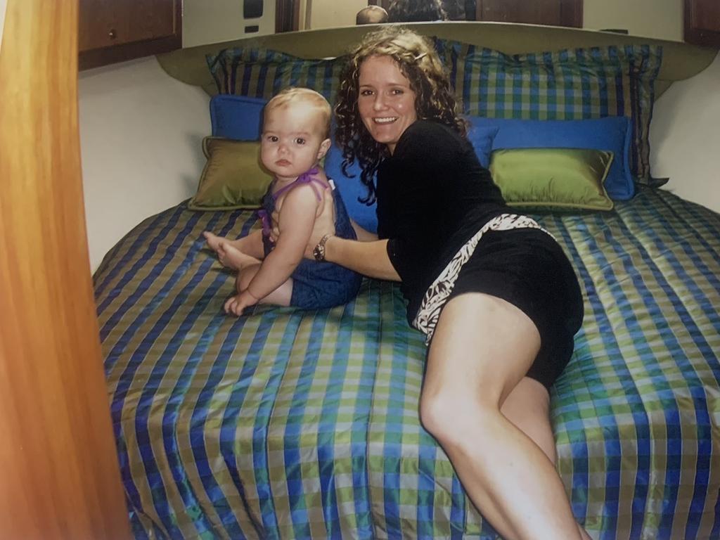 Laura (pictured as a baby) as a baby on her family’s boat.